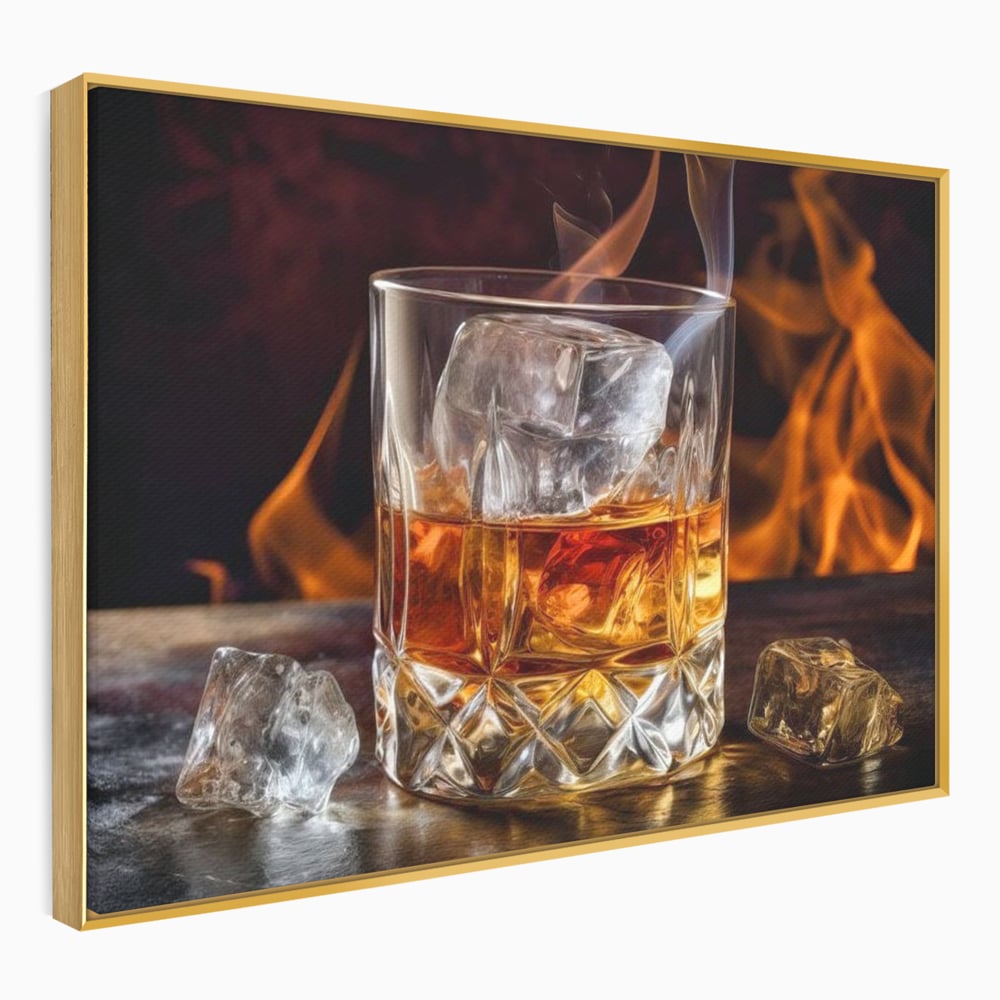 Tablou canvas cu tablou canvas cu pahar de whisky si foc, in rama de aluminiu auriu